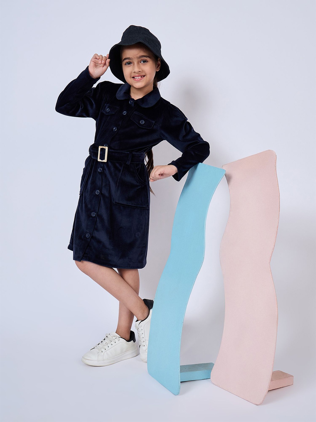 

Peppermint Girls Velvet Shirt Dress, Navy blue