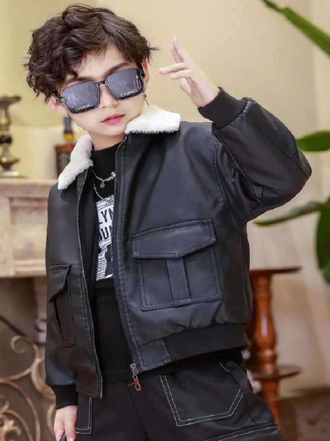 

BAESD Kids Unisex Open Front Leather Jacket, Black