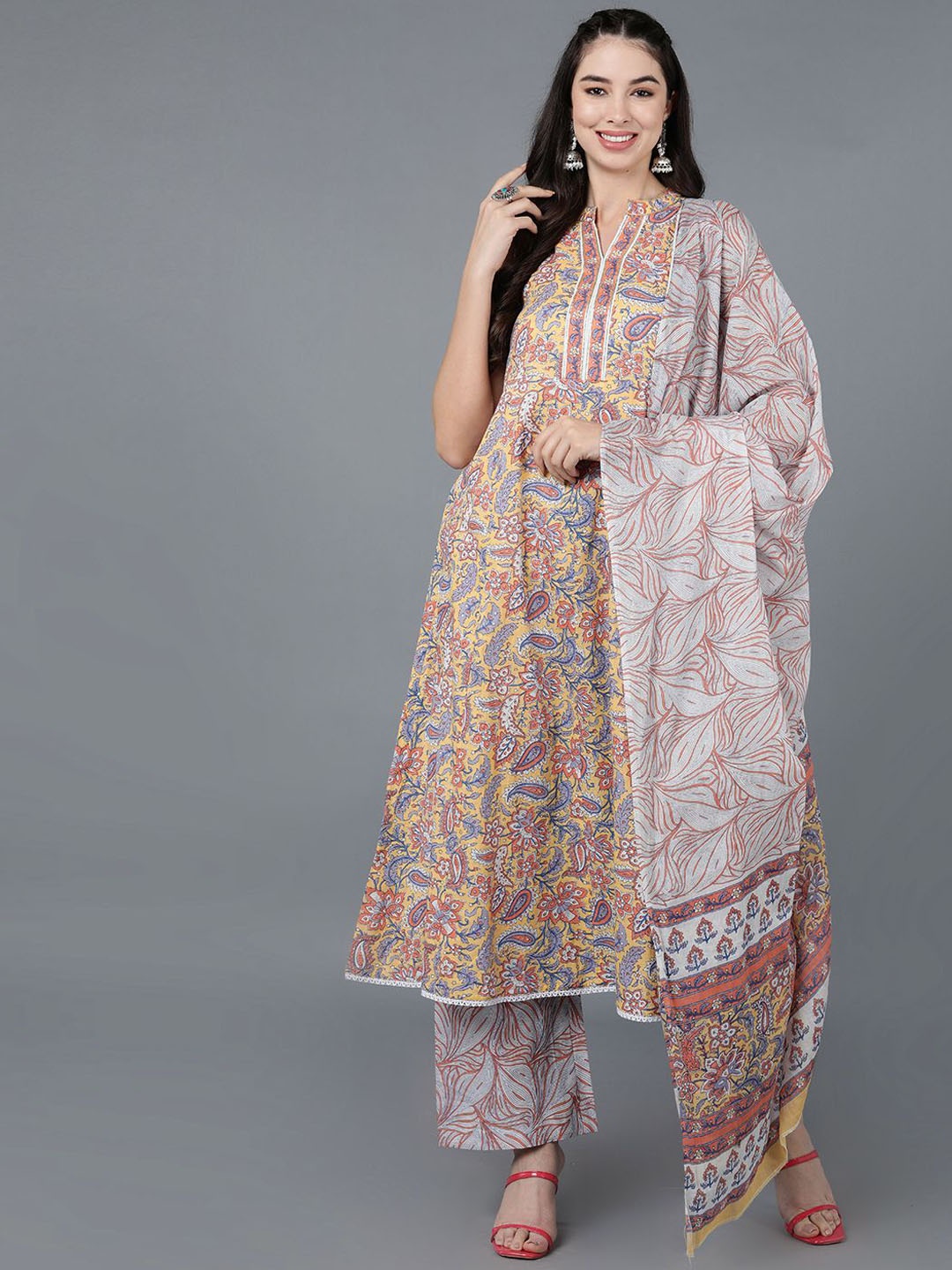 

KALINI Floral Printed Pure Cotton Anarkali Kurta with Trousers & Dupatta, Yellow