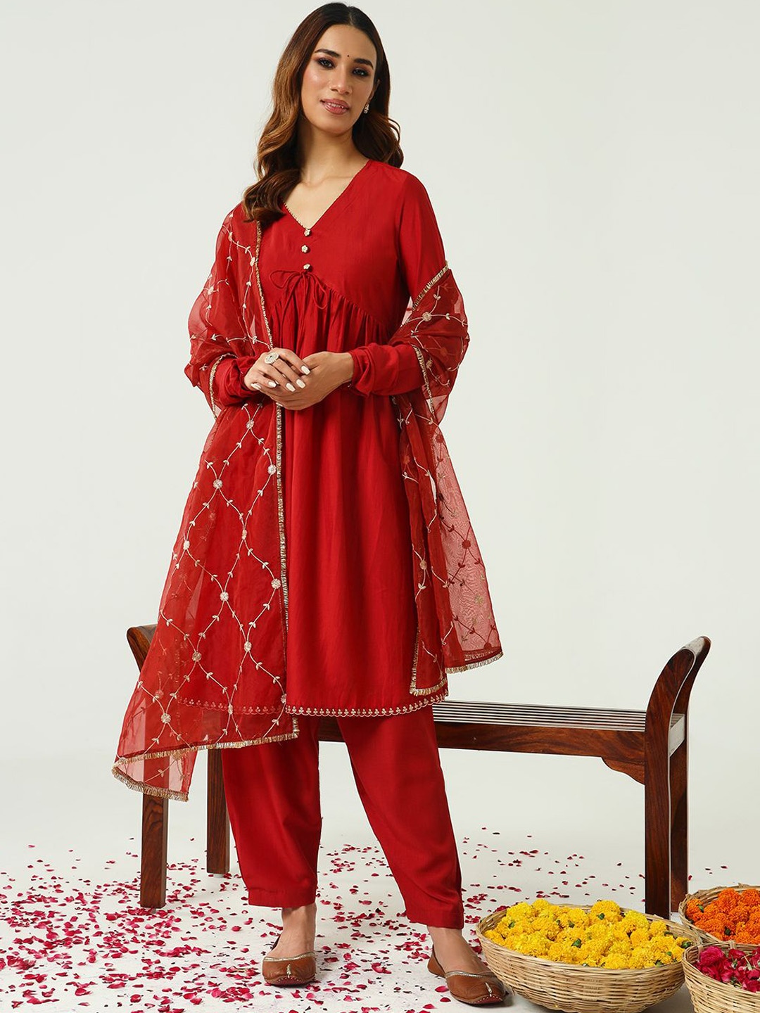 

FIORRA Red V-Neck Empire A-Line Kurta with Trouser & With Dupatta