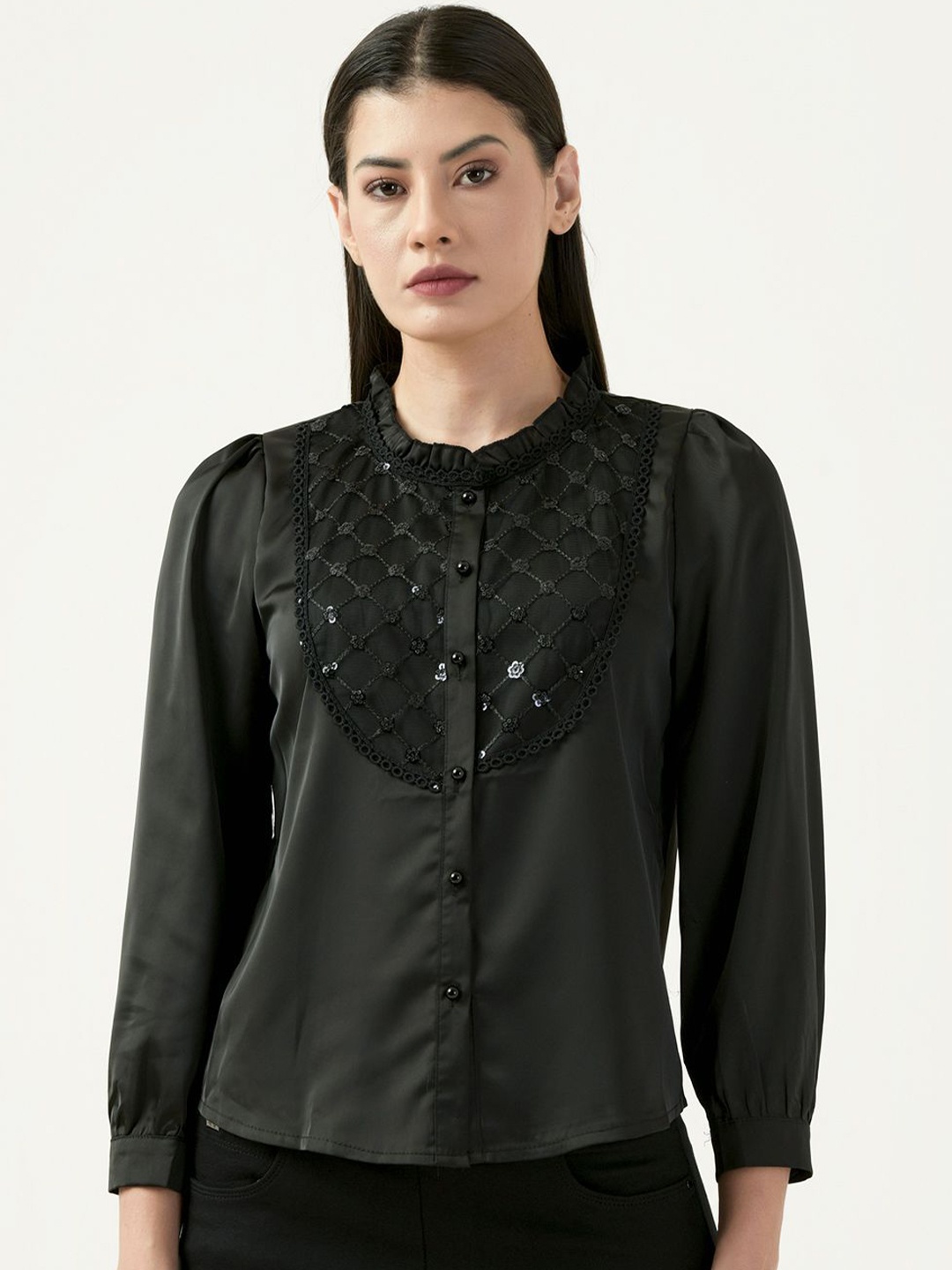 

Albion By CnM Women Solid Mandarin Collar Top, Black