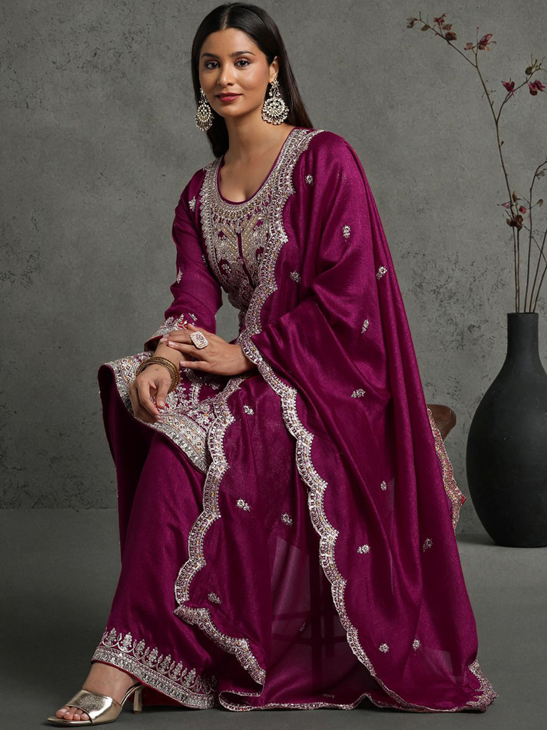 

Miss Ethnik Ethnic Motifs Embroidered Sequinned A-Line Kurta with Palazzo & Dupatta, Pink