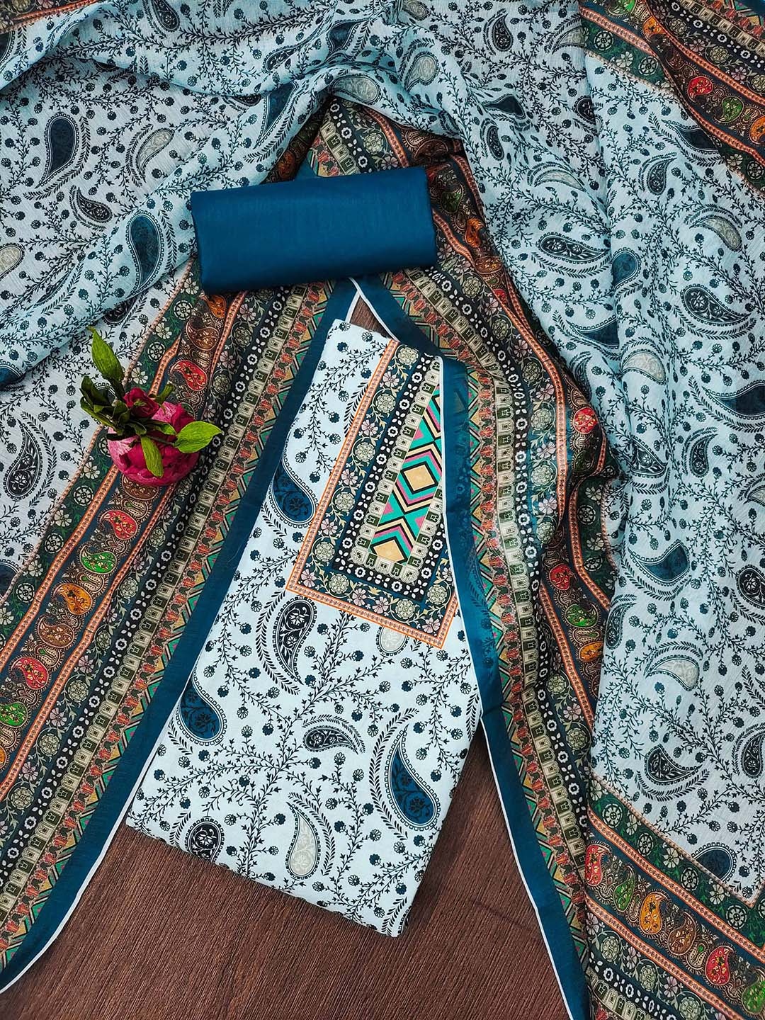 

Ishin Floral Printed Unstitched Dress Material, Teal