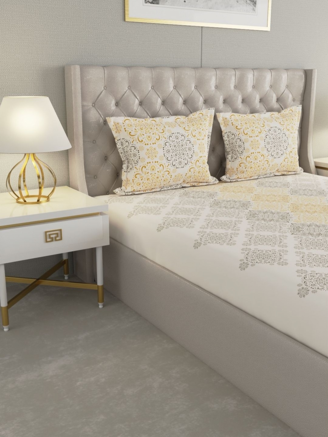 

Raymond Home Camphor Yellow Printed Cotton 144 TC Queen Bedsheet With 2 Pillow Covers