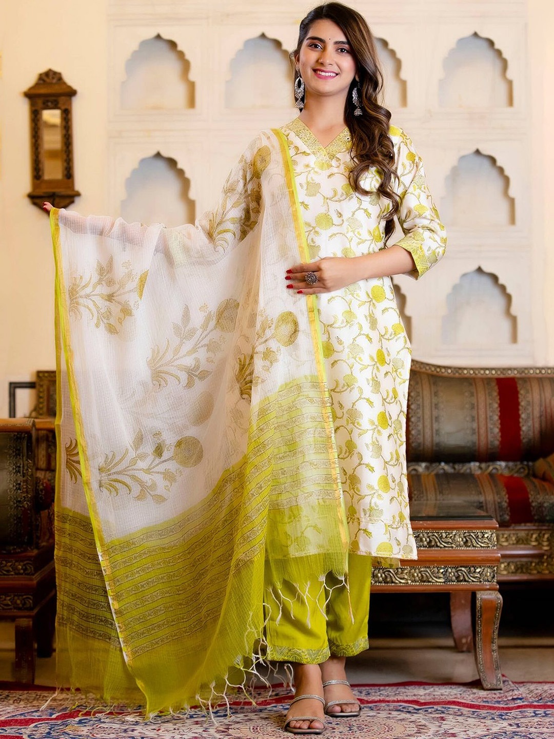 

Dastkar Floral Printed V-Neck Chanderi Silk Kurta with Trouser and Dupatta, Green