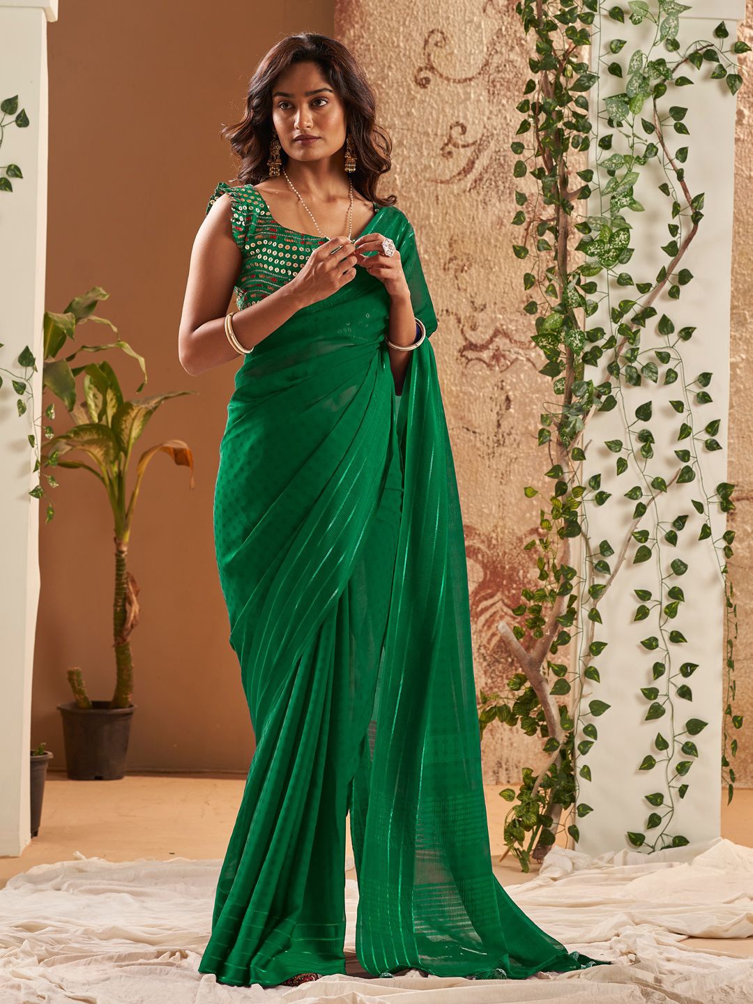 

Panzora Woven Design Poly Georgette Saree, Green