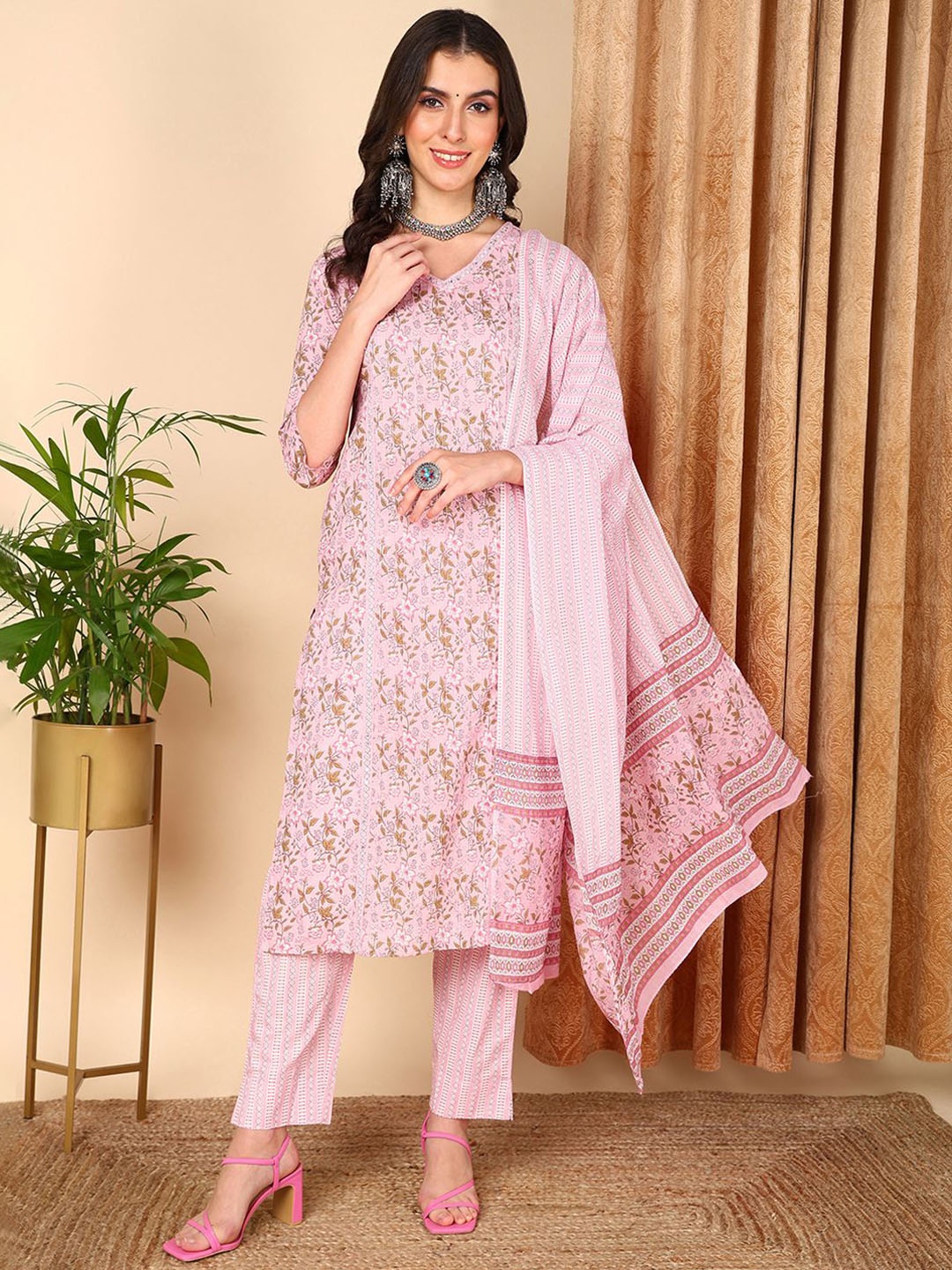 

KALINI Floral Printed Pure Cotton Kurta with Trousers & Dupatta, Pink