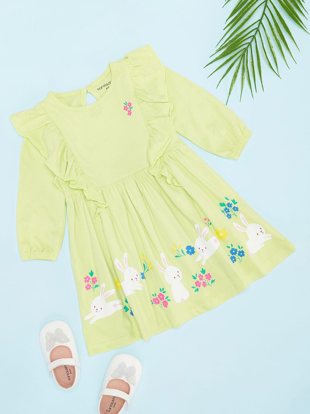 

Pantaloons Baby Girls Round Neck Puff Sleeves A-Line Dress, Green