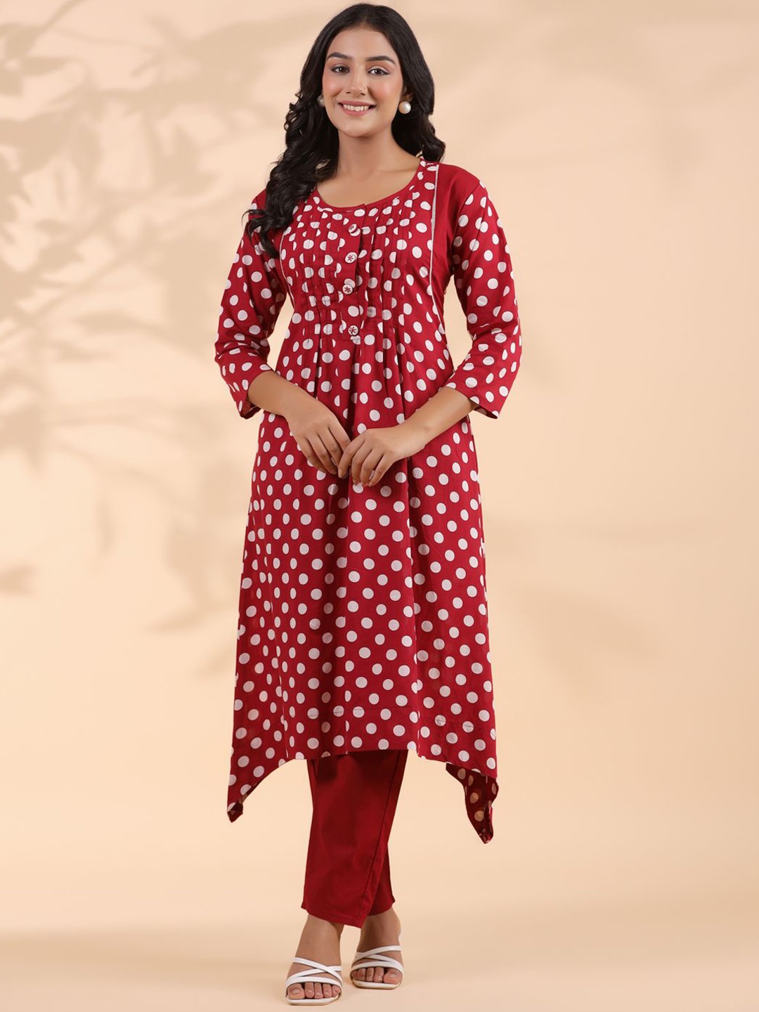 

Vbuyz Polka Dots Printed Pure Cotton A-Line Kurta with Palazzos, Red