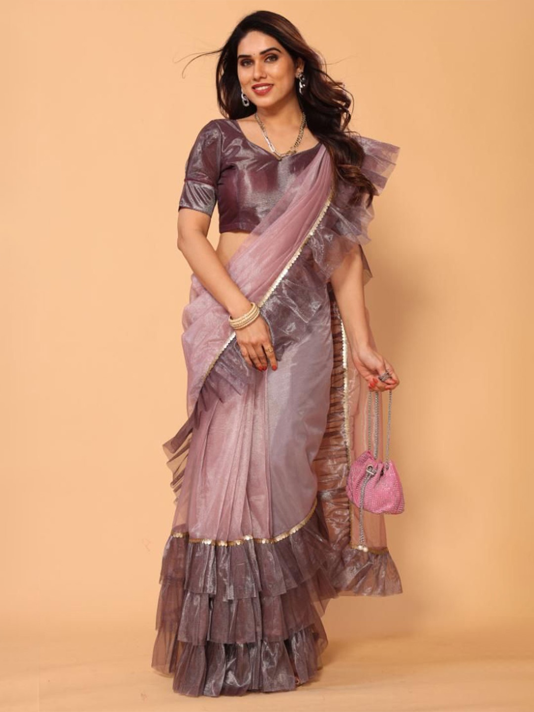 

PATLANI STYLE Sequinned Net Saree with ruffle border & unstitched blouse, Purple