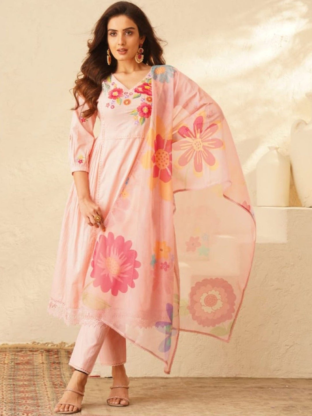 

AUTUMN LANE Floral Printed Thread Work Pure Cotton Anarkali Kurta & Trouser & Dupatta, Peach