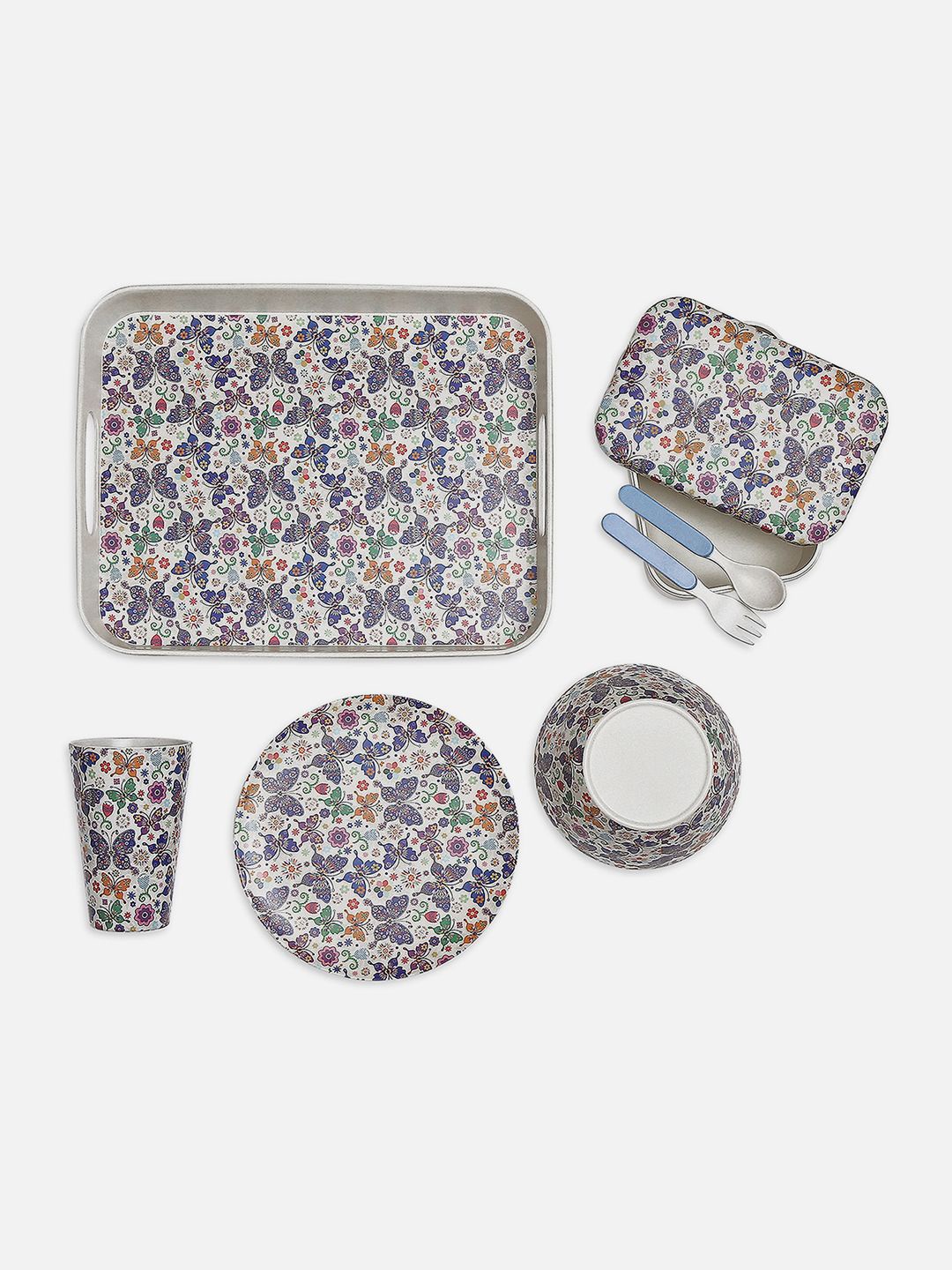 

Little Surprise Box LLP Blue & Grey 7 Pieces Printed Eco Friendly Dinner Set