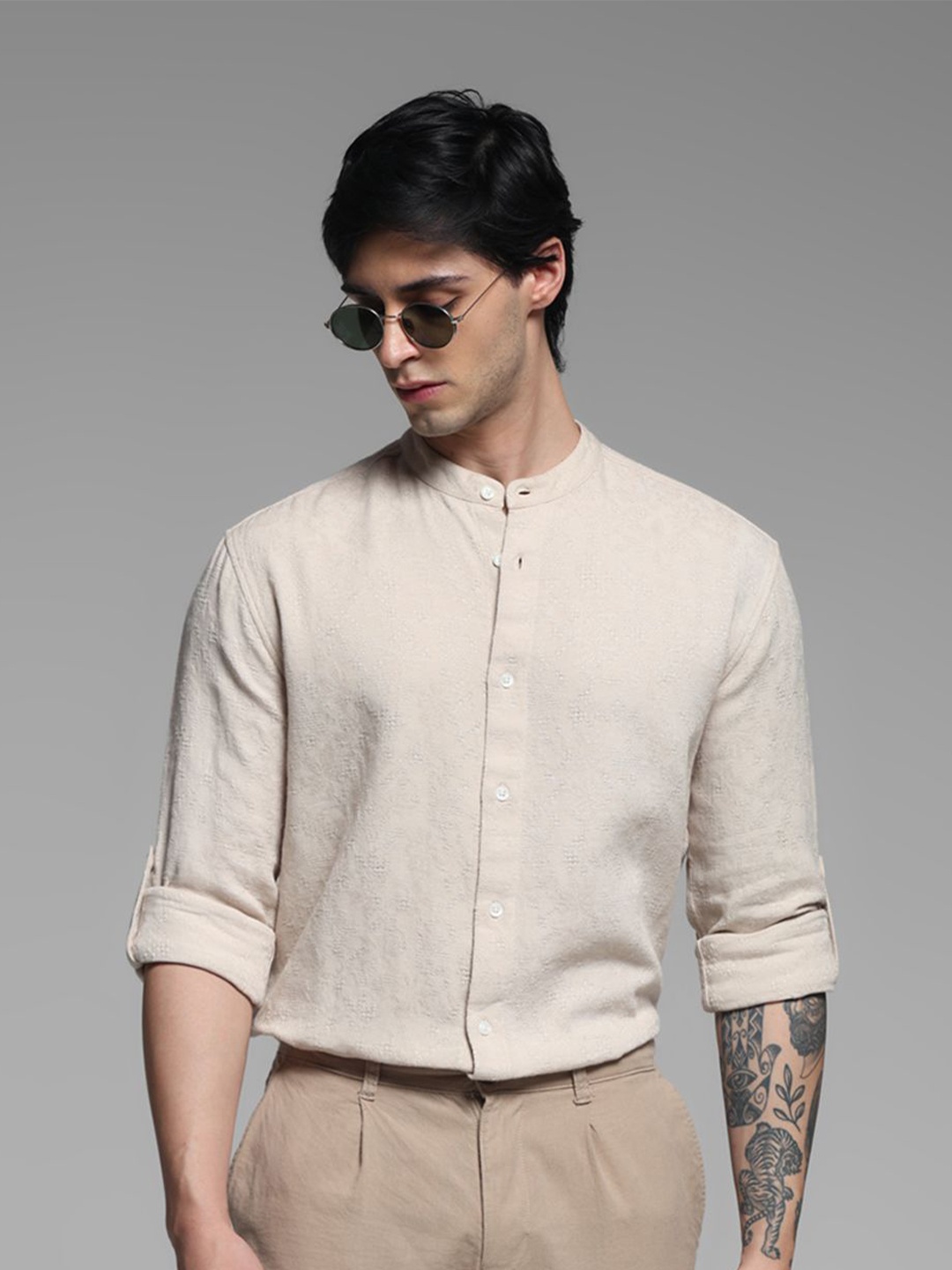 

Jack & Jones Men Mandarin Collar Textured Cotton Casual Shirt, Beige