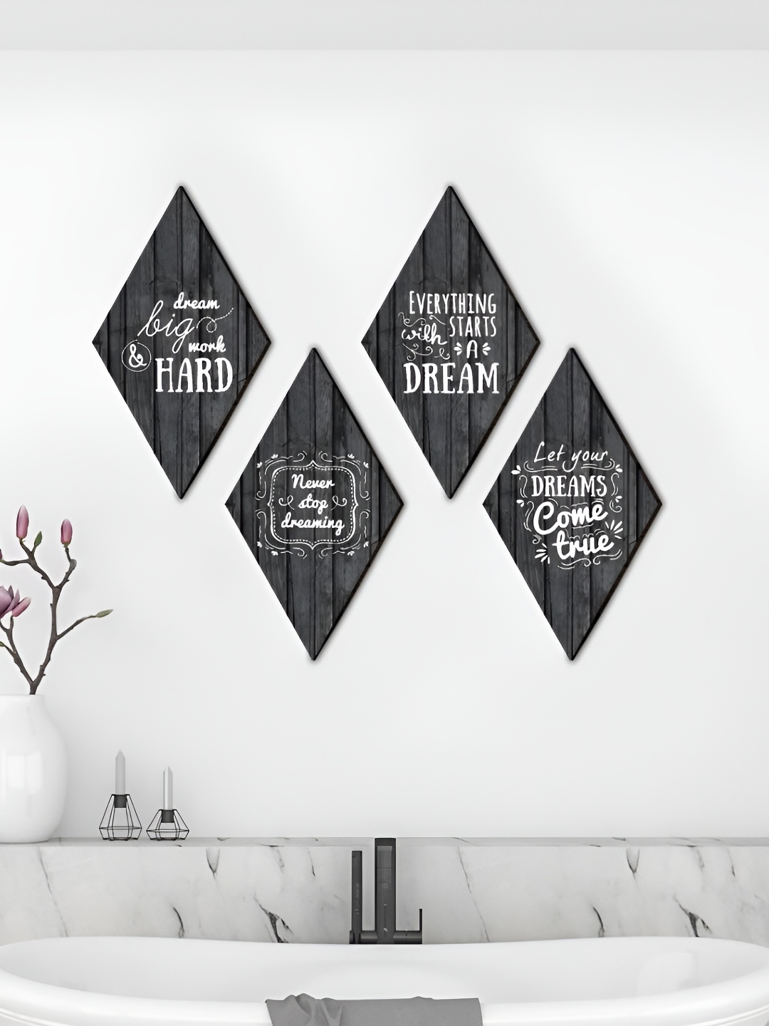 

CVANU Black & White 4 Pieces Motivational Quotes Printed Wooden Wall Hangings