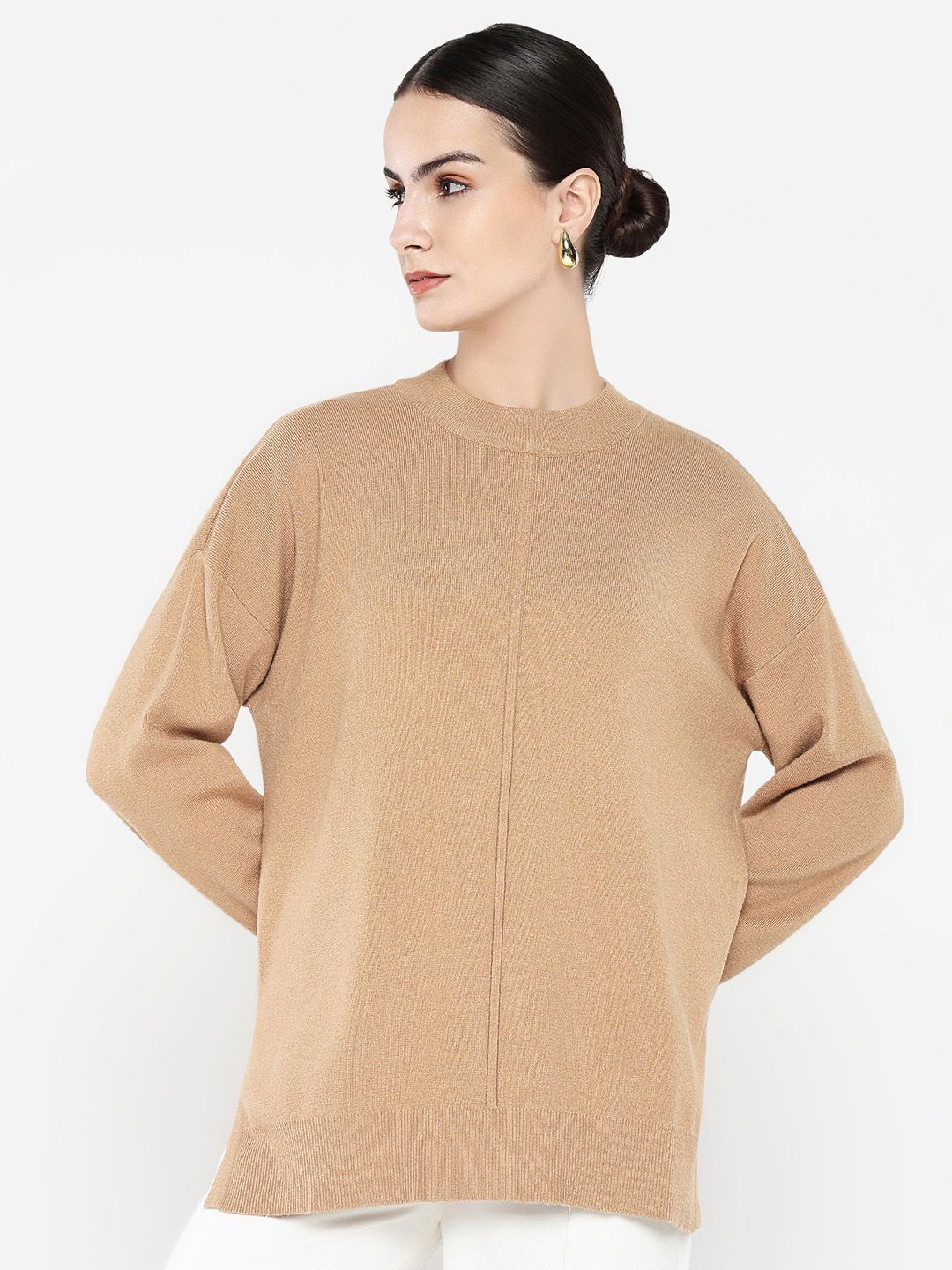 

RAREISM Women Cotton Beige Round Neck Long Sleeves Pullover Sweaters