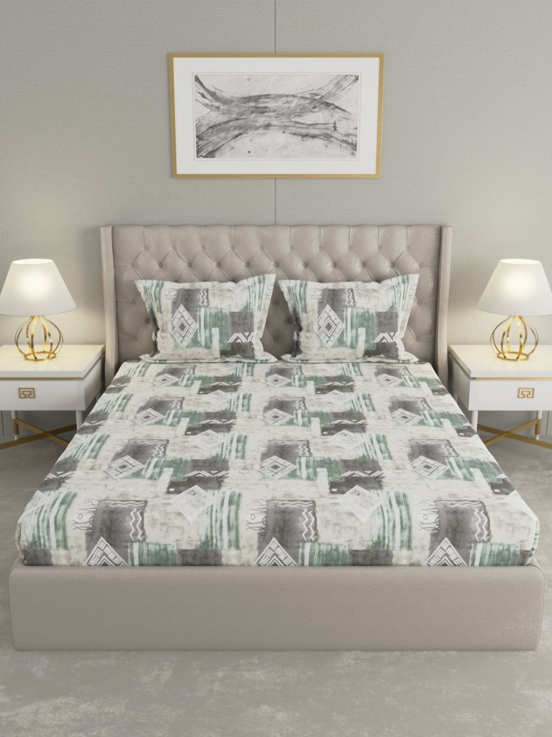 

Raymond Home Camphor Green Abstract Printed 144 TC Cotton Queen Bedsheet & 2 Pillow Covers