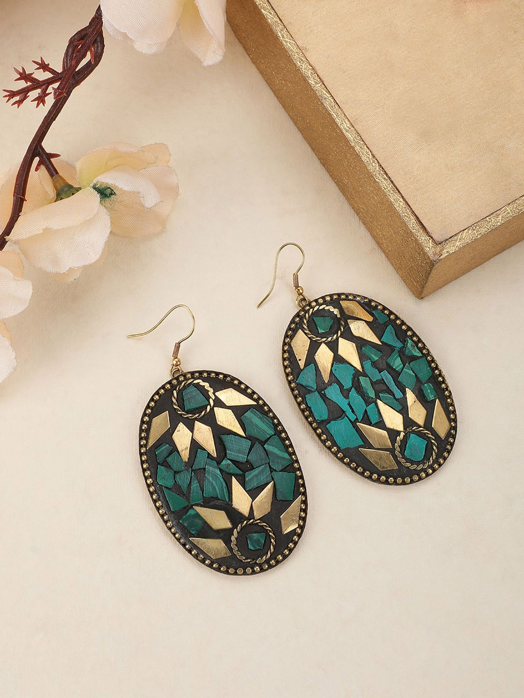 

ANIKAS CREATION Gold-Plated Contemporary Drop Earrings, Green