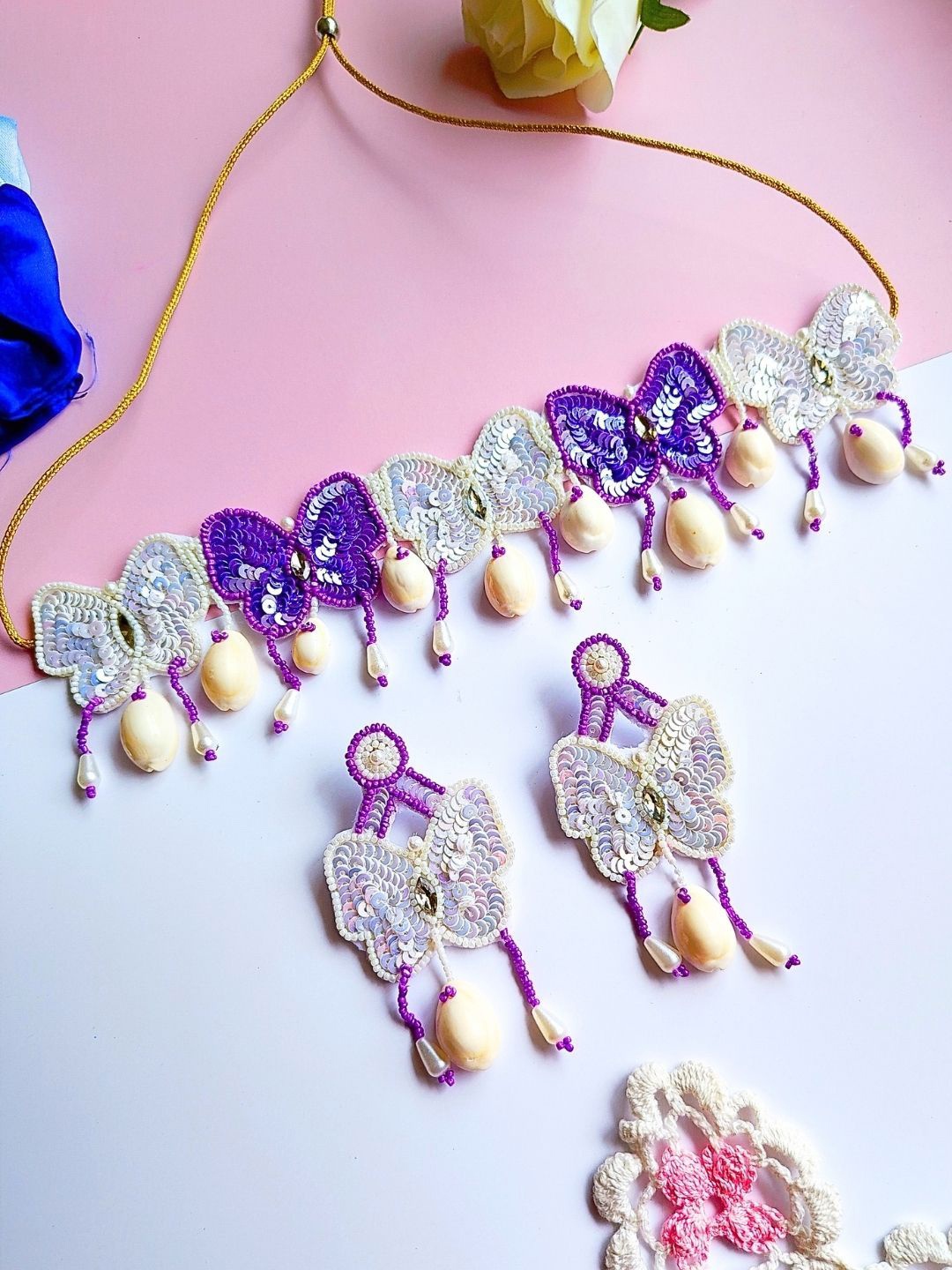 

Sangria Gold Plated Butterfly Beaded Tasselled Bridal Jewellery Set, Purple