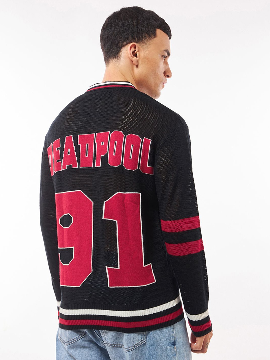 

Bewakoof Air 1.0 Men Deadpool Typography Oversized Sweater, Black