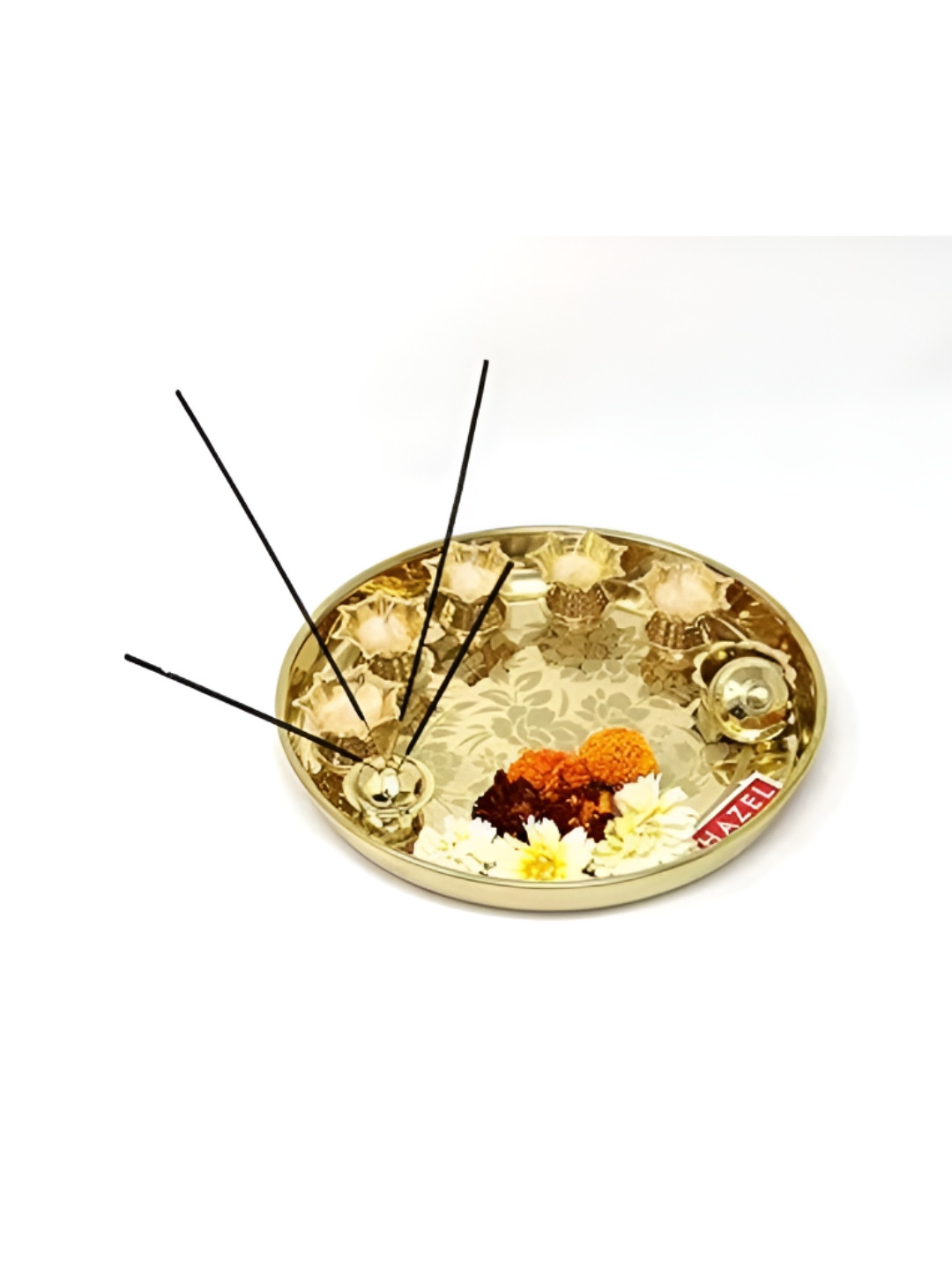 

HAZEL Gold Toned 6 Pieces Brass Aarti Thali With Diyas & Incense Stick Holder, Copper