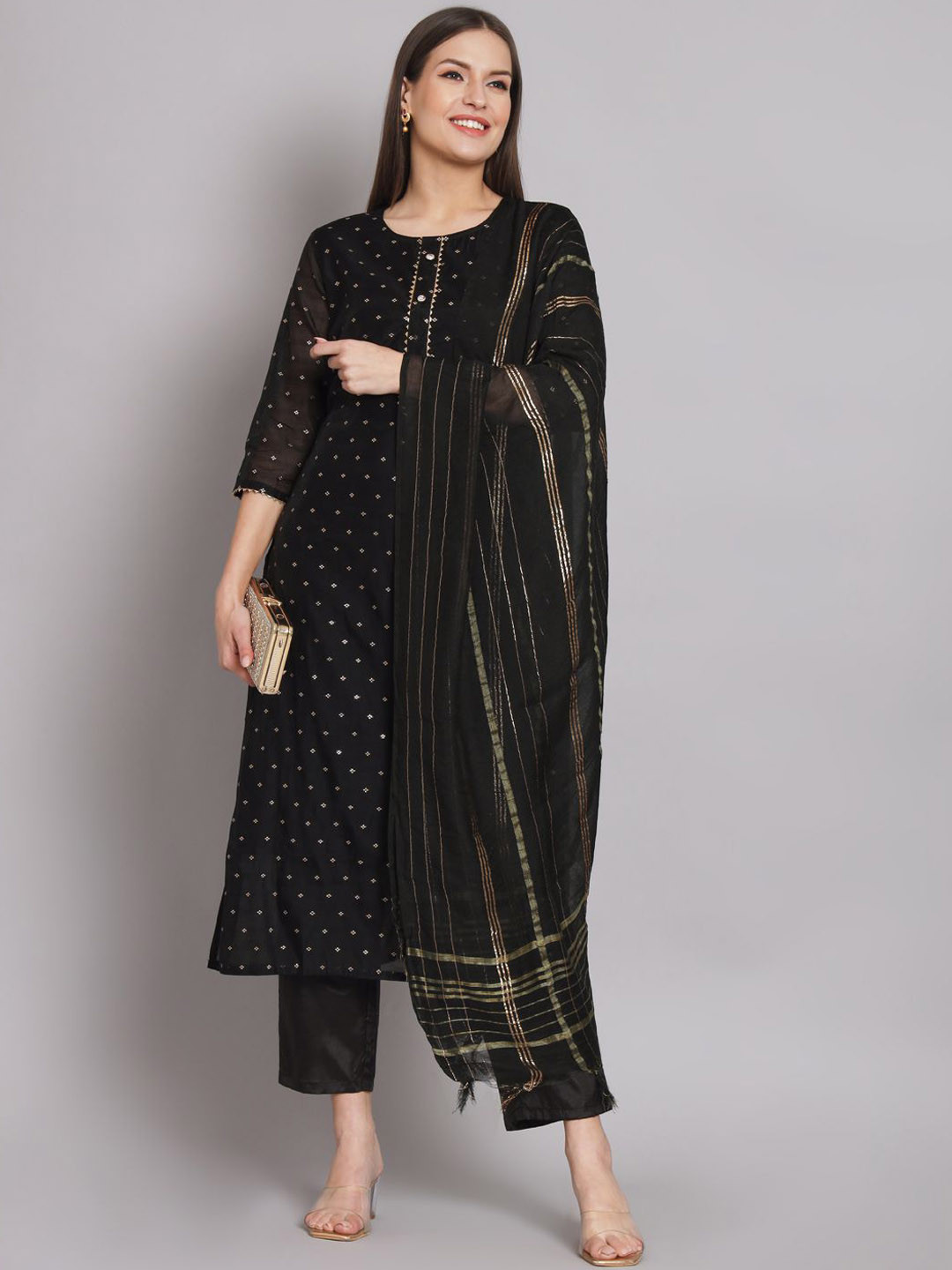 

VredeVogel Geometric Woven Design Gotta Patti Chanderi Silk Kurta With Trousers & Dupatta, Black