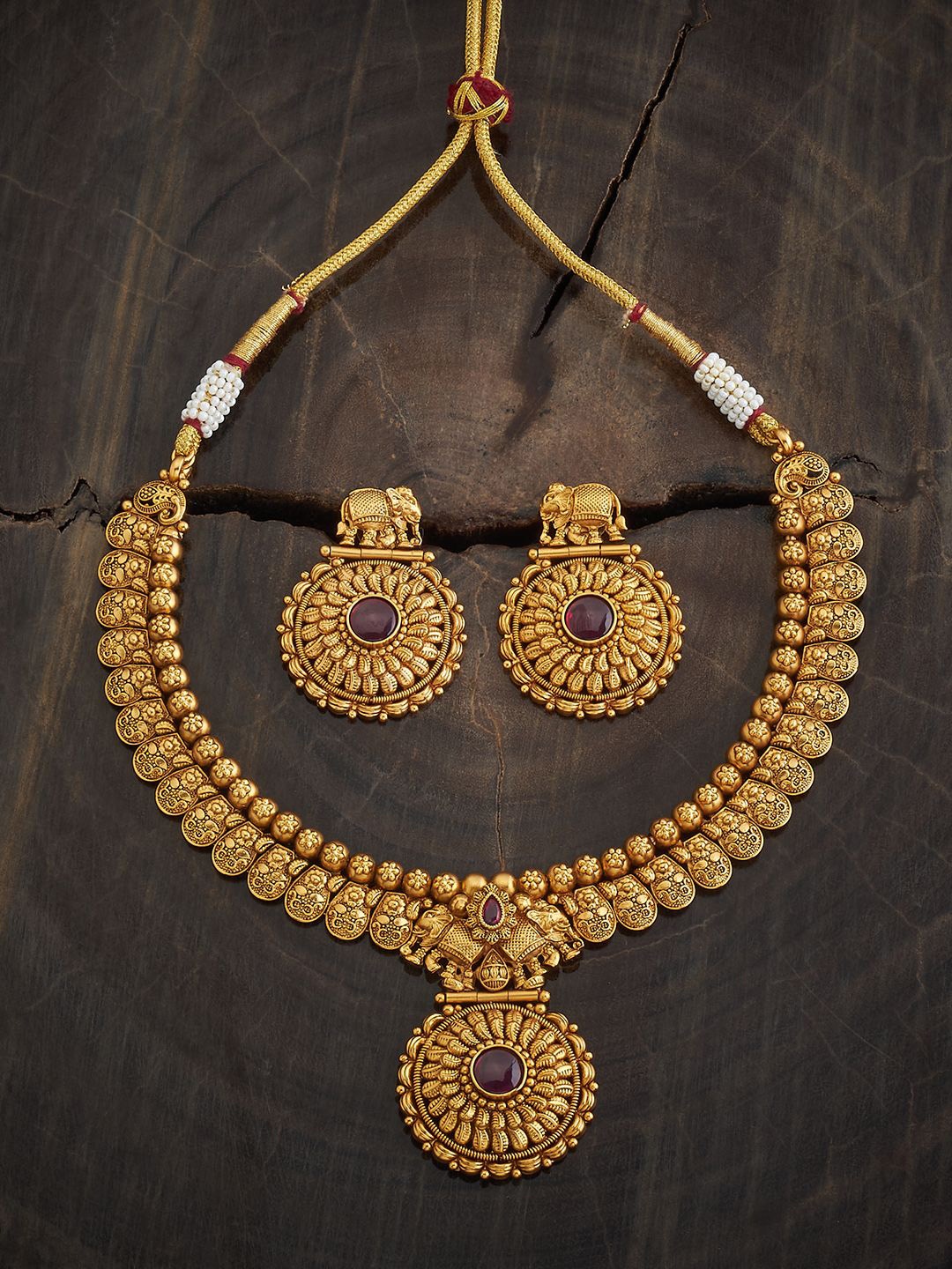 

Kushal's Fashion Jewellery Ruby Gold-Plated Copper Ethnic Antique Jewellery Set