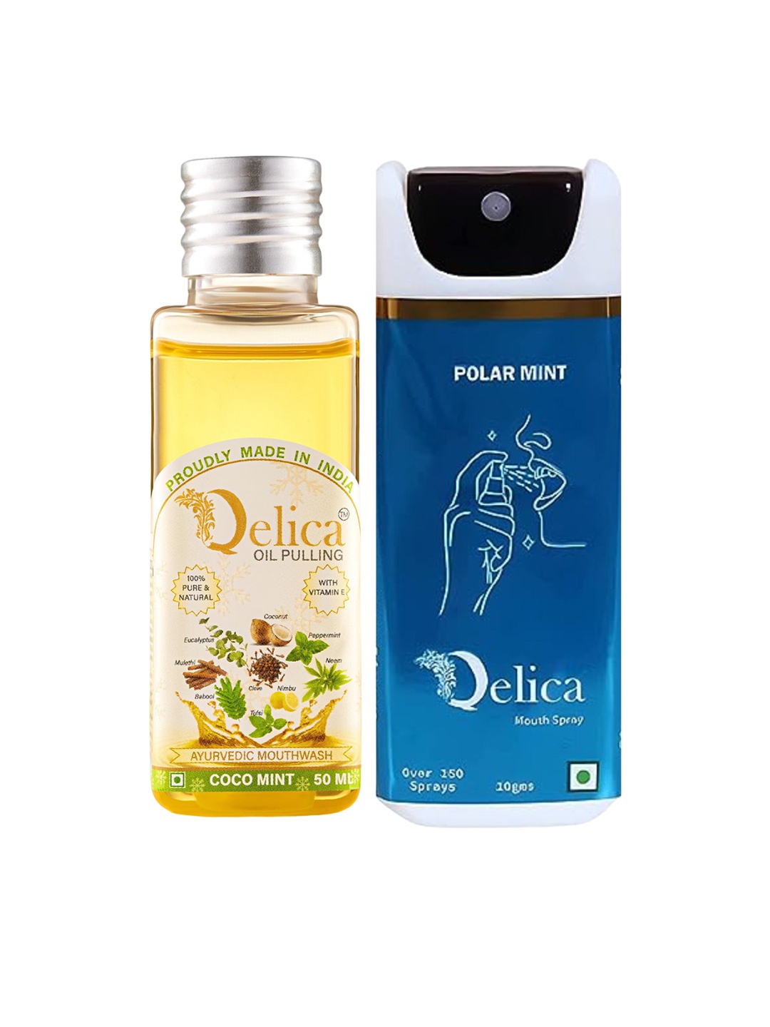 

Qelica Set Of 2 Coco Mint Oil Pulling-50ml With Mouth Freshener-10ml, Blue