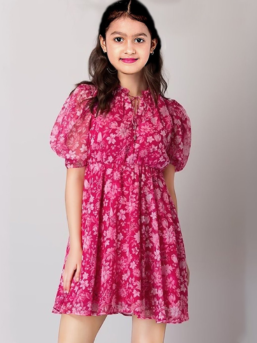 

BAESD Girls Floral Printed Tie-up Neck Puff Sleeve Fit & Flare Above Neck Dress, Pink