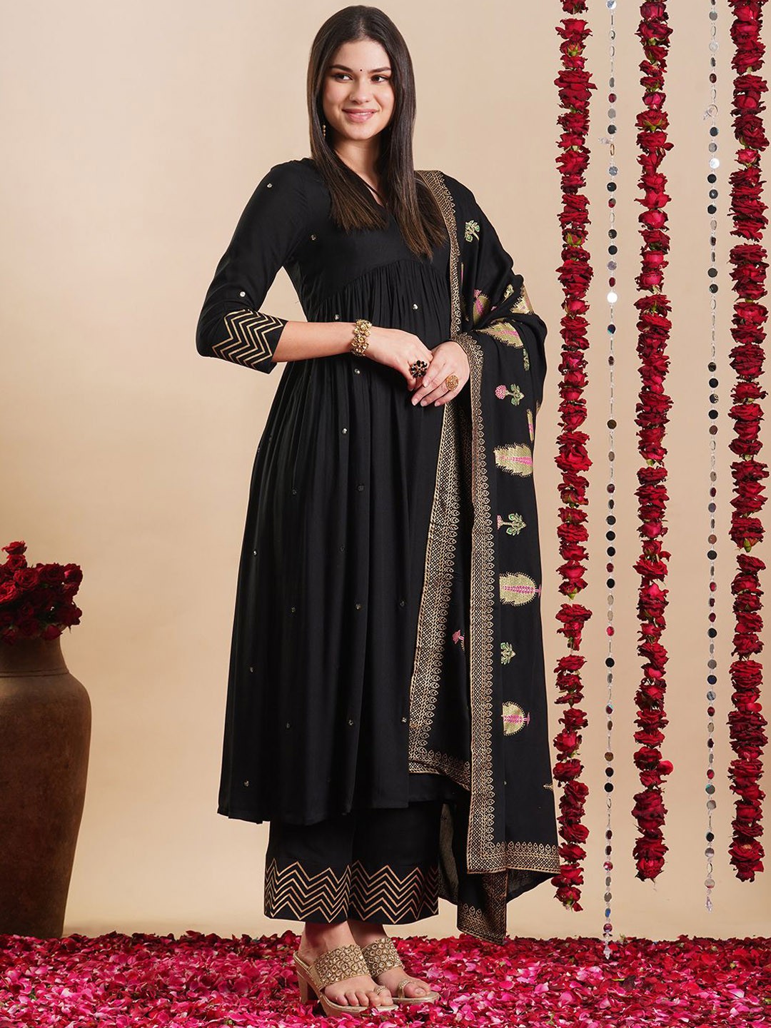 

KALINI Ethnic Motifs Embroidered V-Neck A-Line Kurta With Palazzos & Dupatta, Black