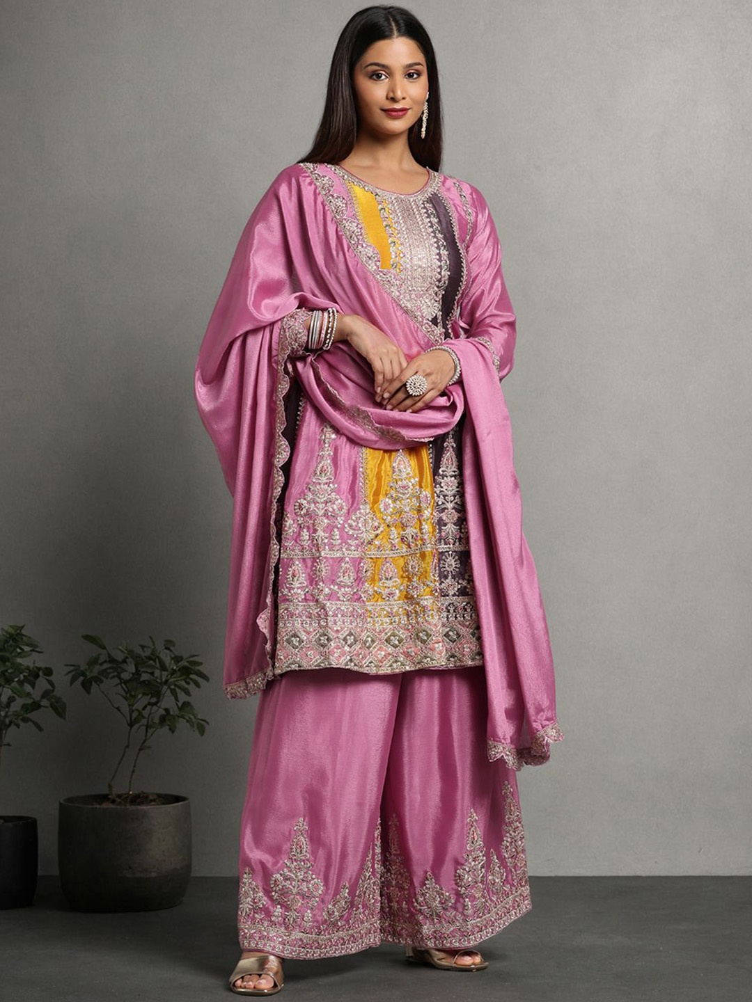 

Miss Ethnik Ethnic Motifs Embroidered Sequinned A-Line Kurta with Palazzo & Dupatta, Pink