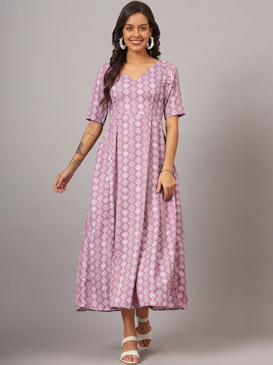 

DHAKRE FASHION Geometric Printed Gathered Angrakha Silk Fit & Flare Midi Ethnic Dress, Lavender