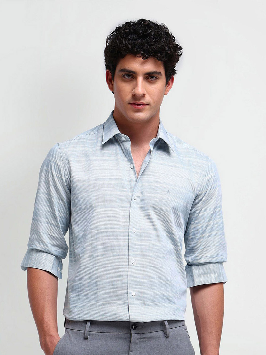 

Arrow New York Men Comfort Spread Collar Micro Ditsy Printed Cotton Slim Fit Formal Shirt, Blue