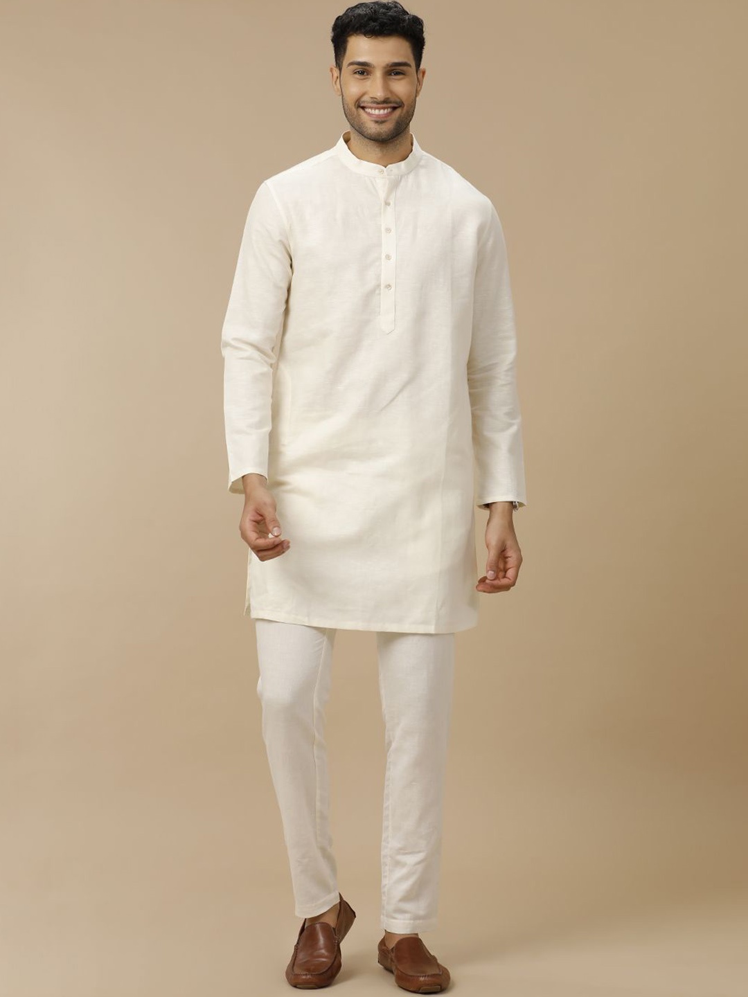 

Linen Club Band Collar Short Kurta, White