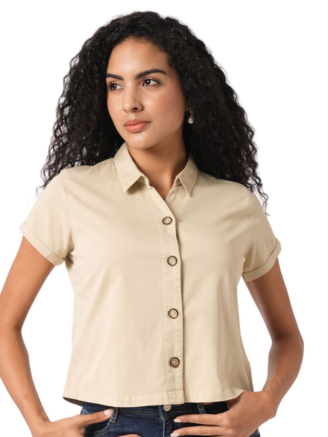 

Kraus Jeans Women Spread Collar Solid Cotton Slim Fit Casual Shirt, Beige