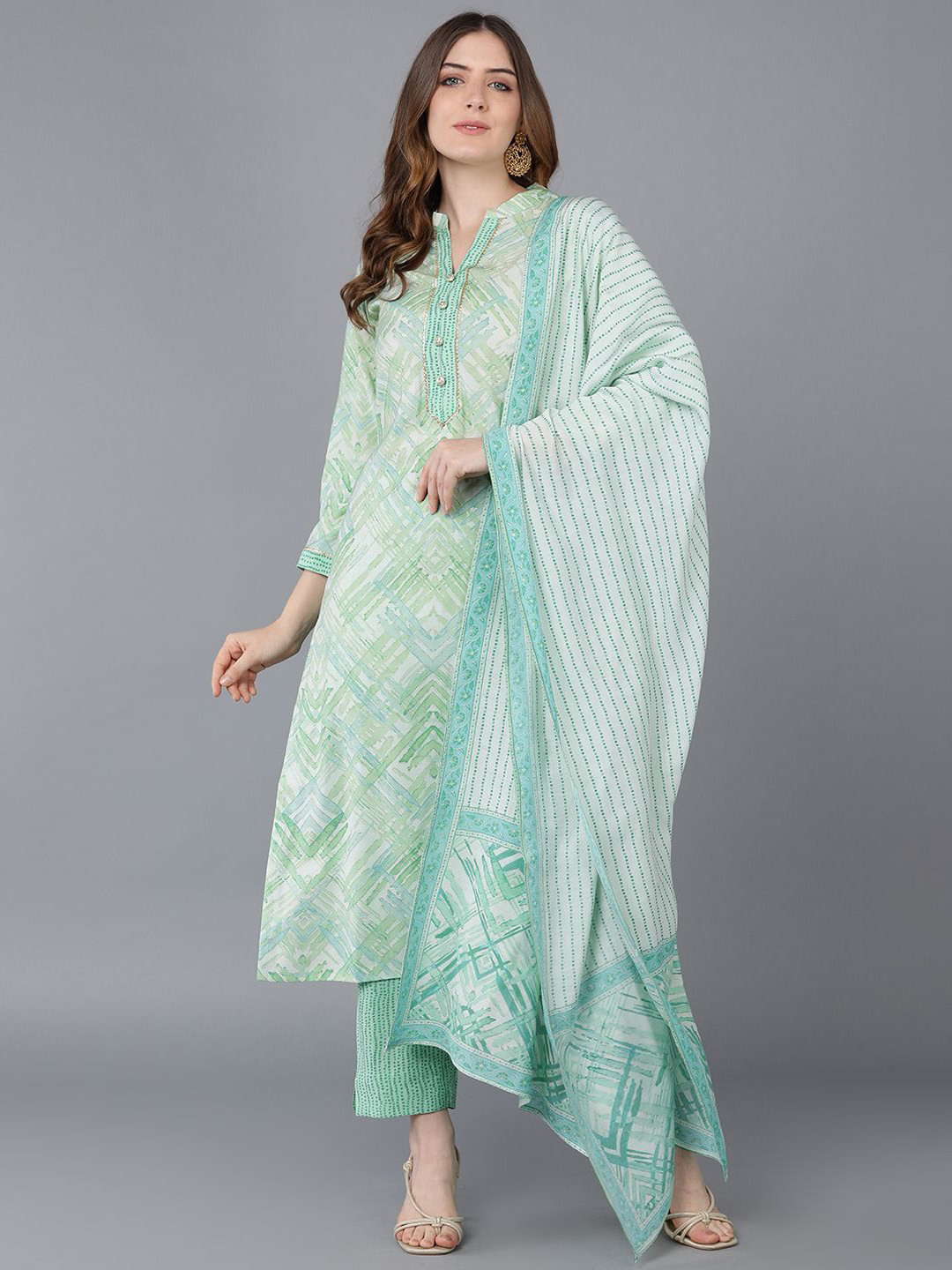 

KALINI Geometric Printed Gotta Patti Kurta with Trousers & Dupatta, Sea green