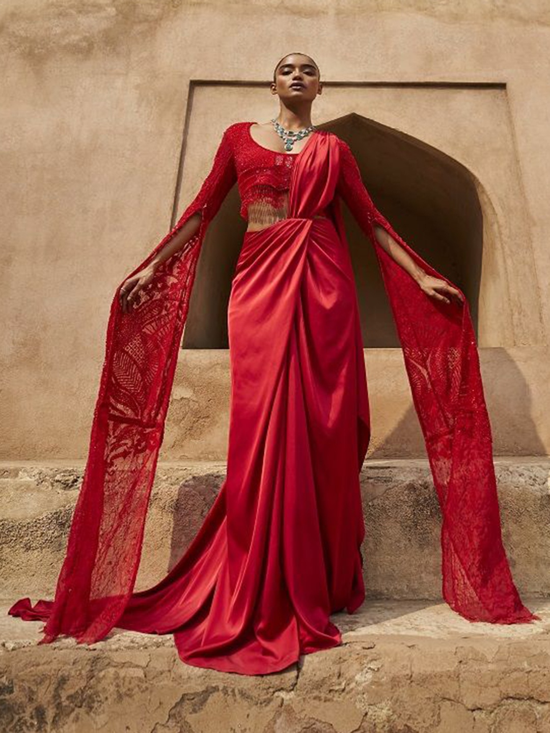 

House of Exotique Moonlit Mirage Cape Sleeves & Drape Saree Set, Red