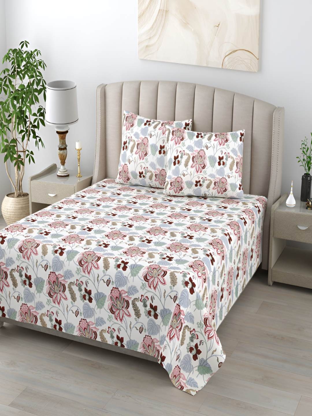 

Jinaya's Anokhi Off White & Pink Floral 210 TC Pure Cotton King Bedsheet & 2 Pillow Covers