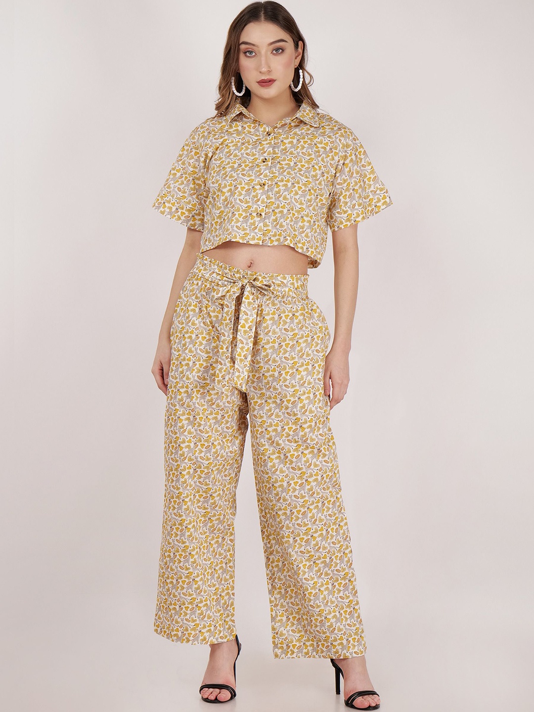

Street22 Printed Pure Cotton Crop Shirt With Trousers Co-Ords, Yellow