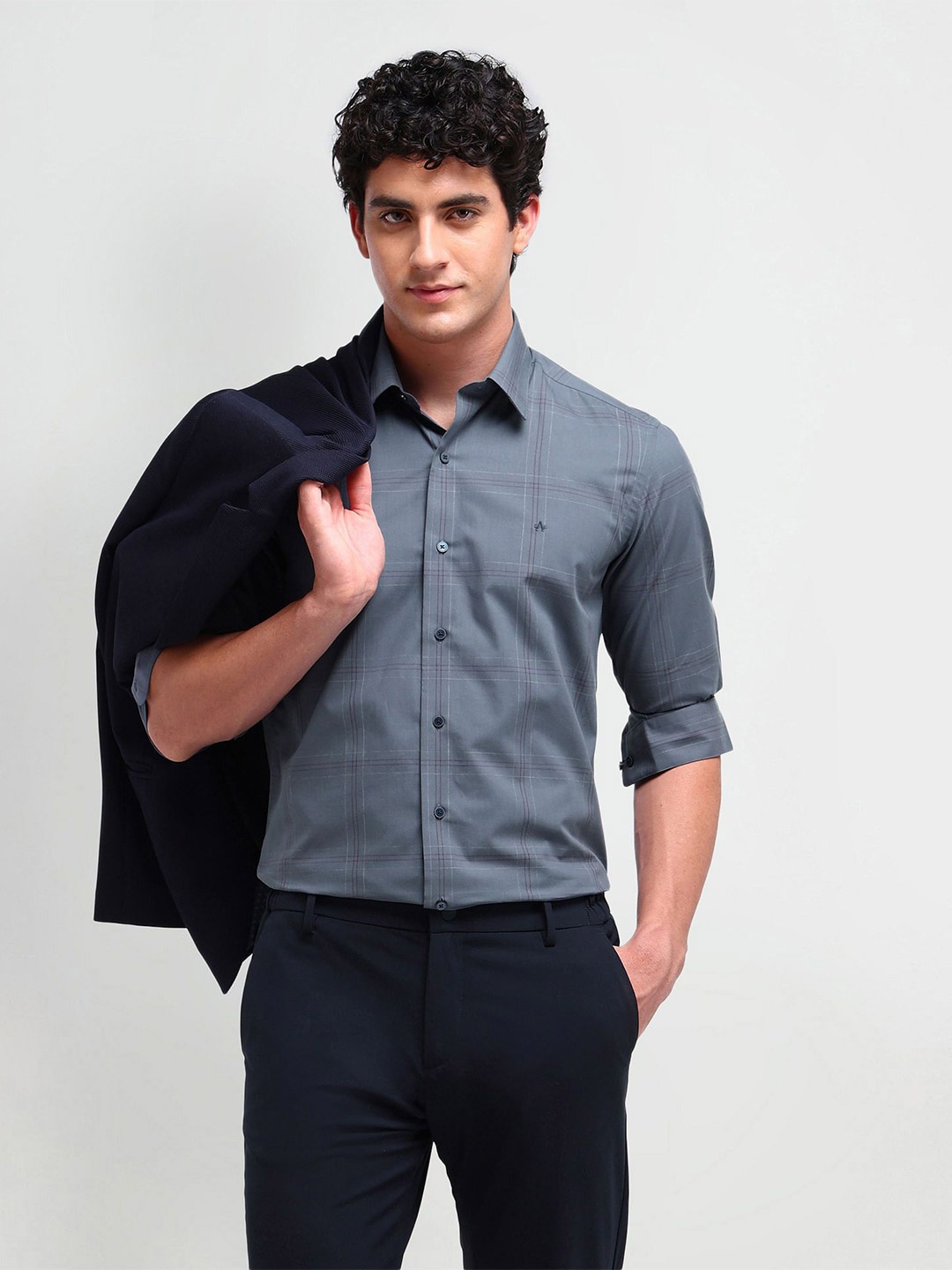 

Arrow New York Men Comfort Spread Collar Windowpane Checked Cotton Slim Fit Formal Shirt, Grey