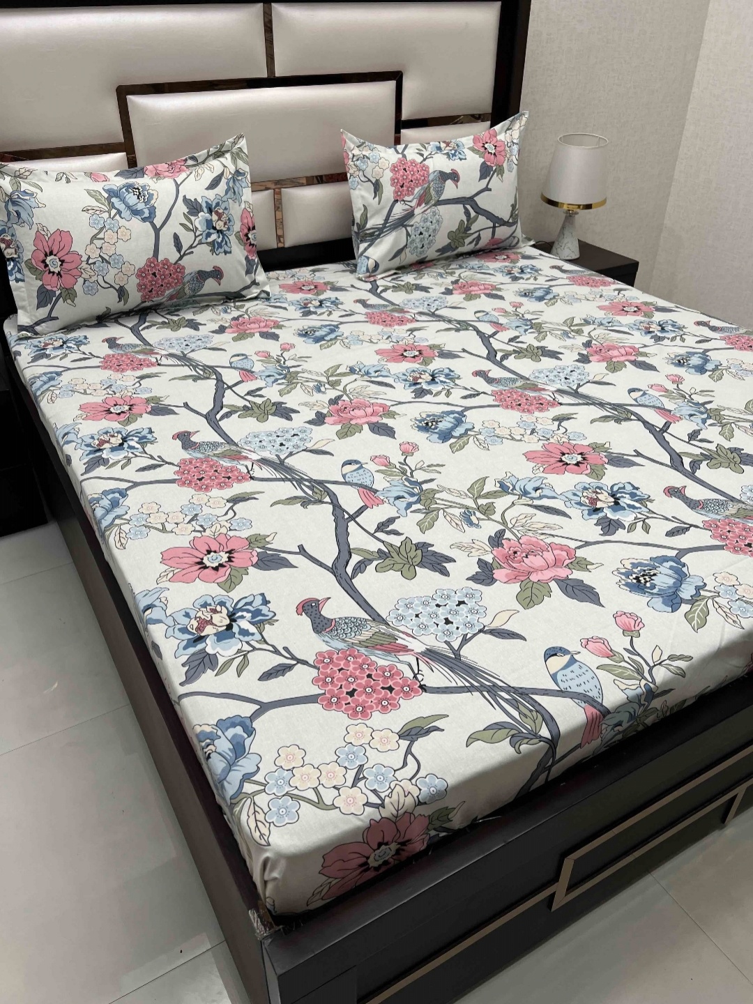 

Pure Decor Amulya White & Blue Floral Printed 260 TC Microfiber Double Queen Bedsheet Set