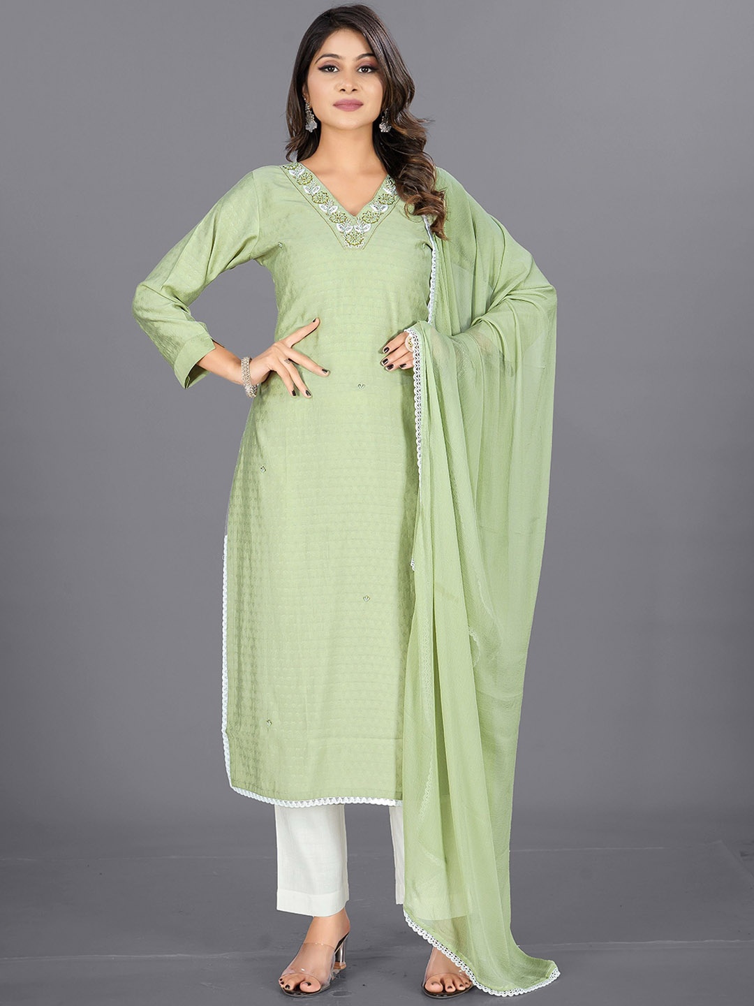 

V B SONS Floral Yoke Design Regular Beads and Stones Kurta With Trousers & Dupatta, Green