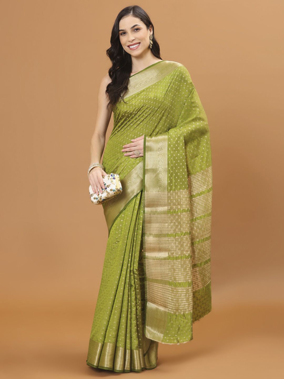 

Meena Bazaar Woven Design Zari Art Silk Green Woven Design Handloom Saree