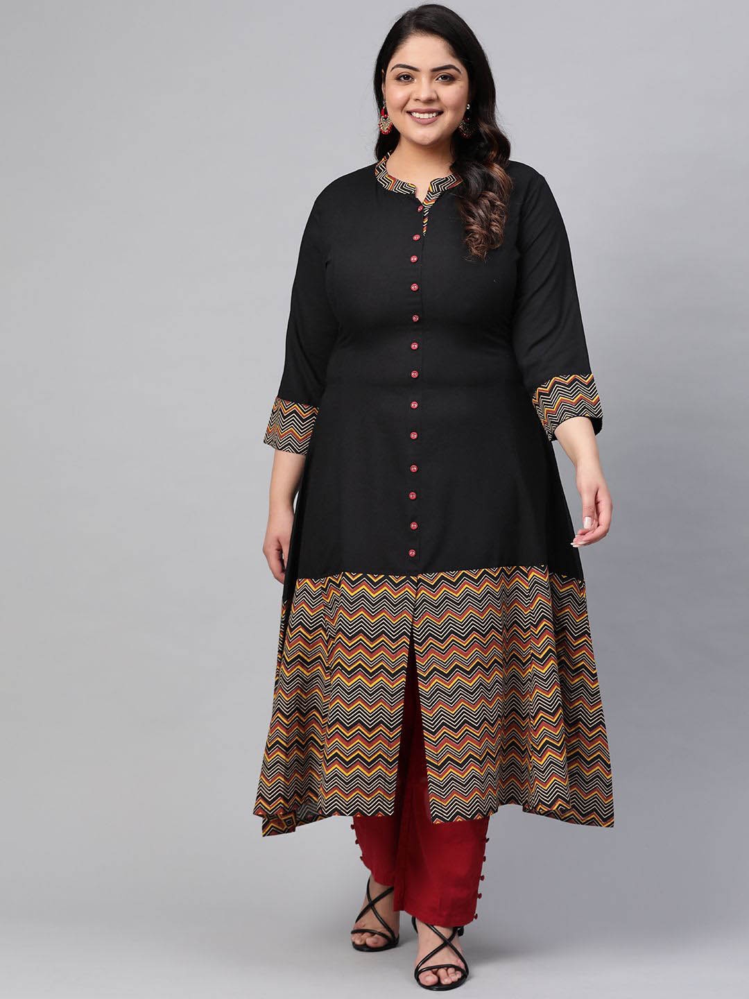 

YASH GALLERY Plus Size Chevron Printed Thread Work A-line Kurta, Black