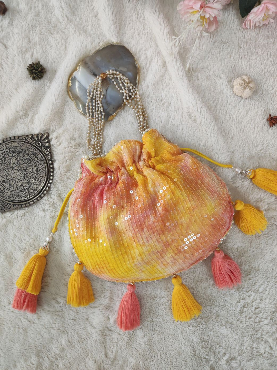 

LABEL KANUPRIYA Embroidered Potli Clutch, Yellow