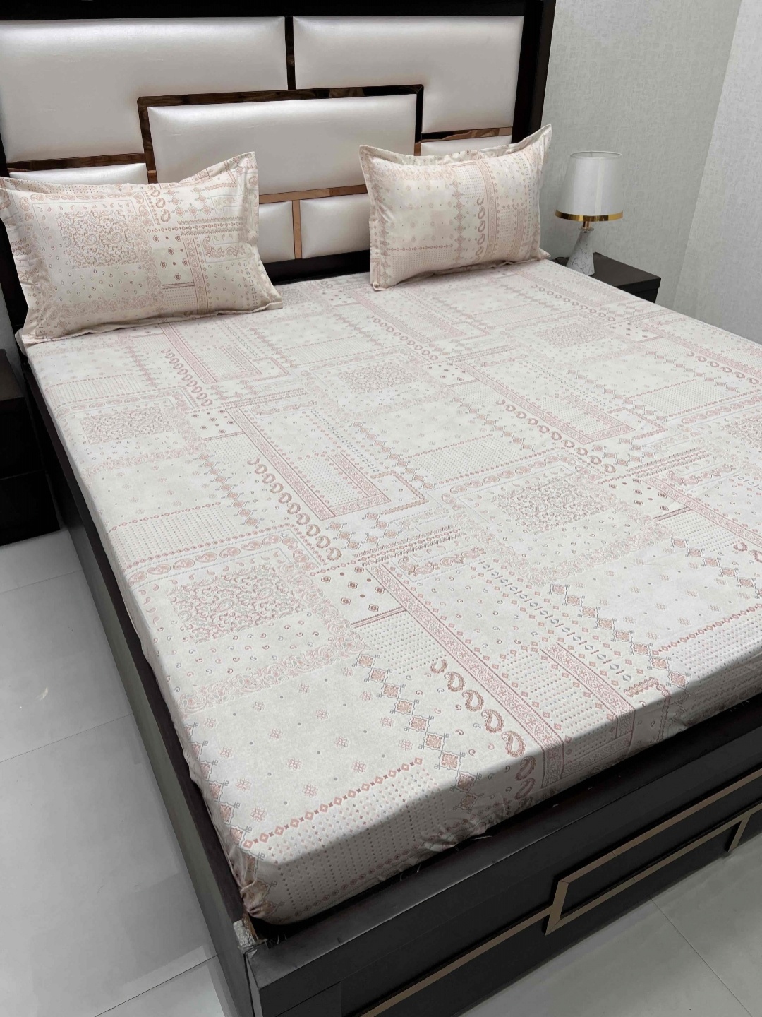 

Pure Decor Ruby Peach-Coloured & White Printed 300 TC Pure Cotton Fitted King Bedsheet Set