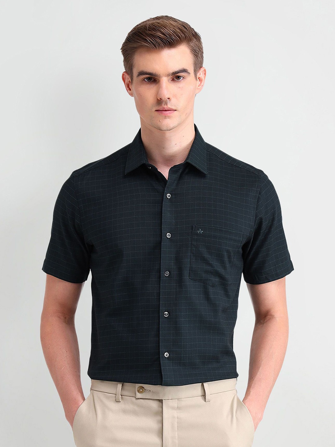 

Arrow Men Classic Spread Collar Checked Cotton Formal Shirt, Green