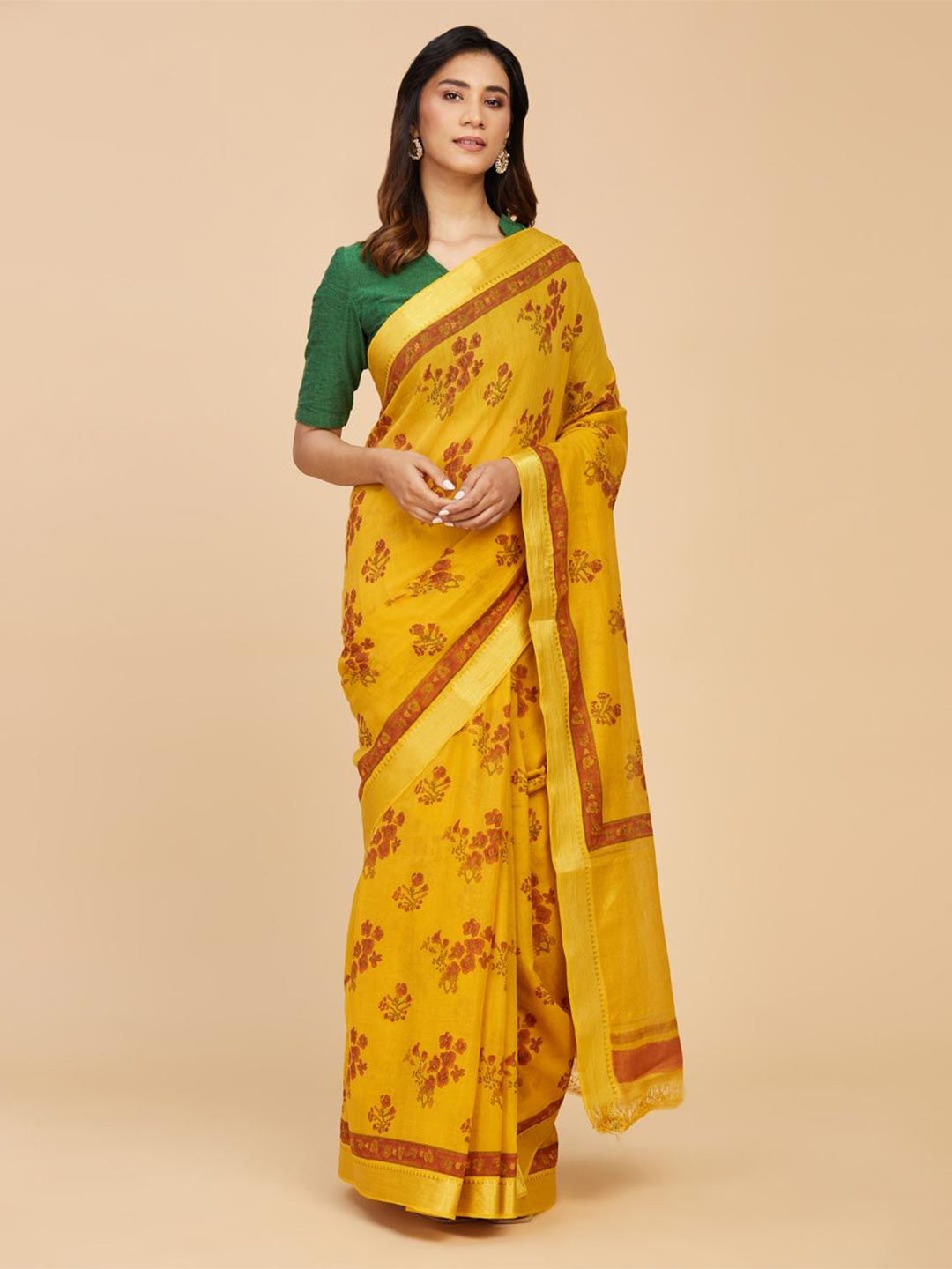 

Fabindia Floral Zari Pure Cotton Block Print Saree, Mustard