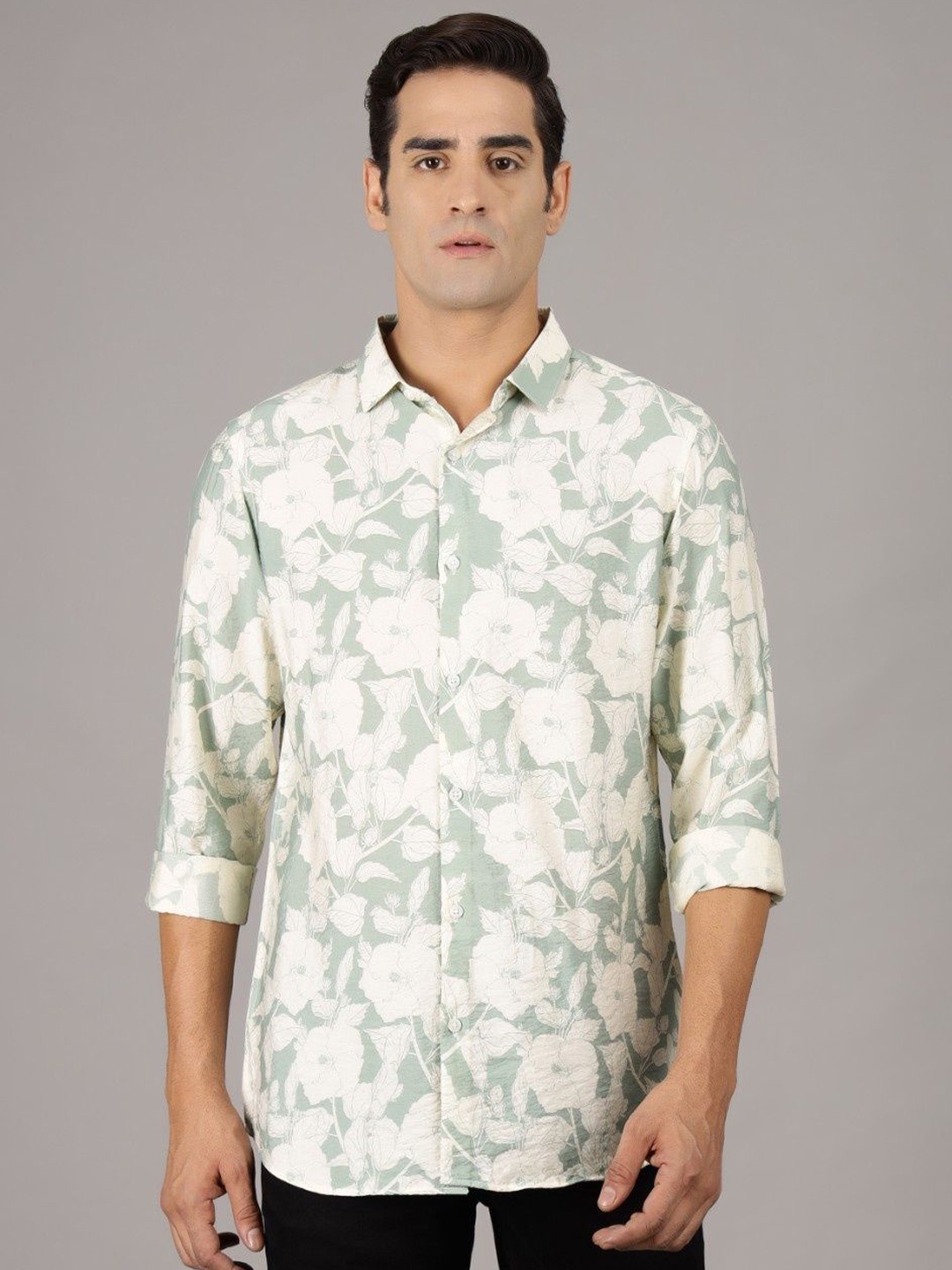 

Gavin Paris Men Original Spread Collar Floral Printed Cotton Casual Shirt, Green