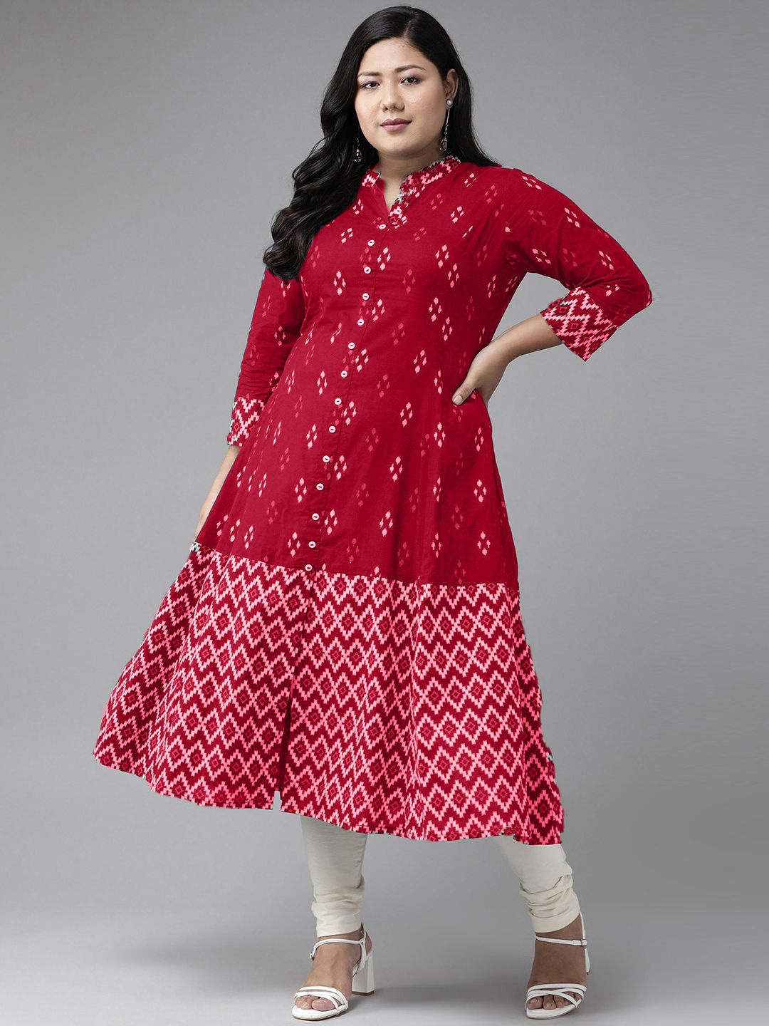 

YASH GALLERY Plus Size Geometric Printed A Line Kurta, Red