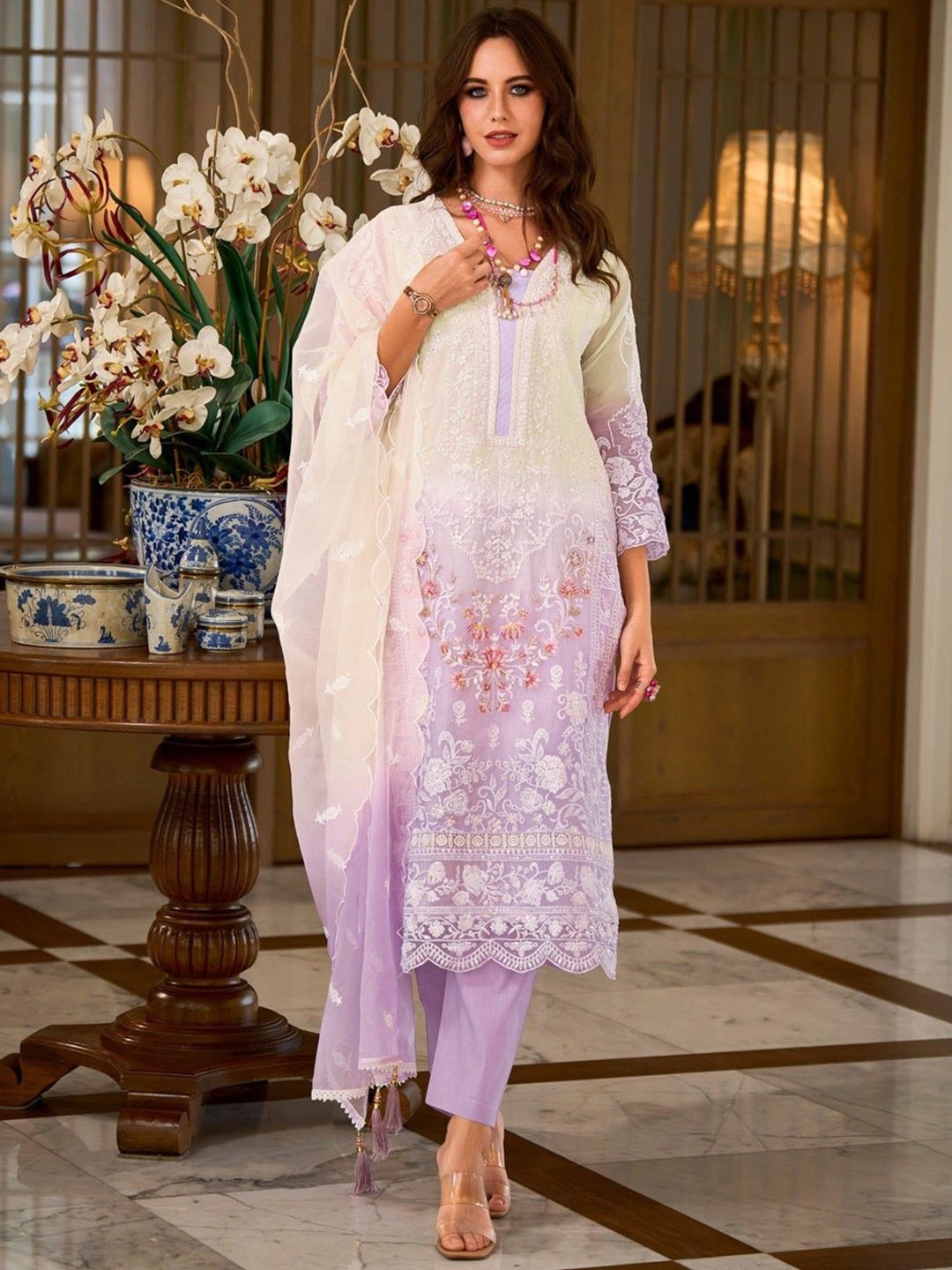 

AUTUMN LANE Faiza Floral Embroidered Thread Work Kurta with Trousers & Dupatta, Purple